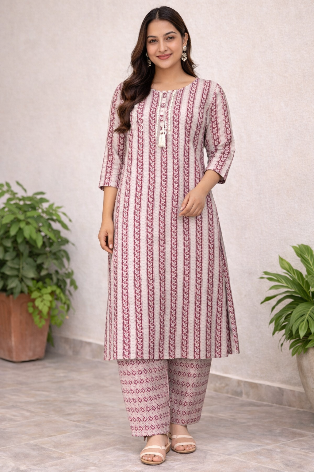 Mauve Stripe Floral Cotton Kurta Set 🌸 | Aesthetic Daily & Summer Wear for Women