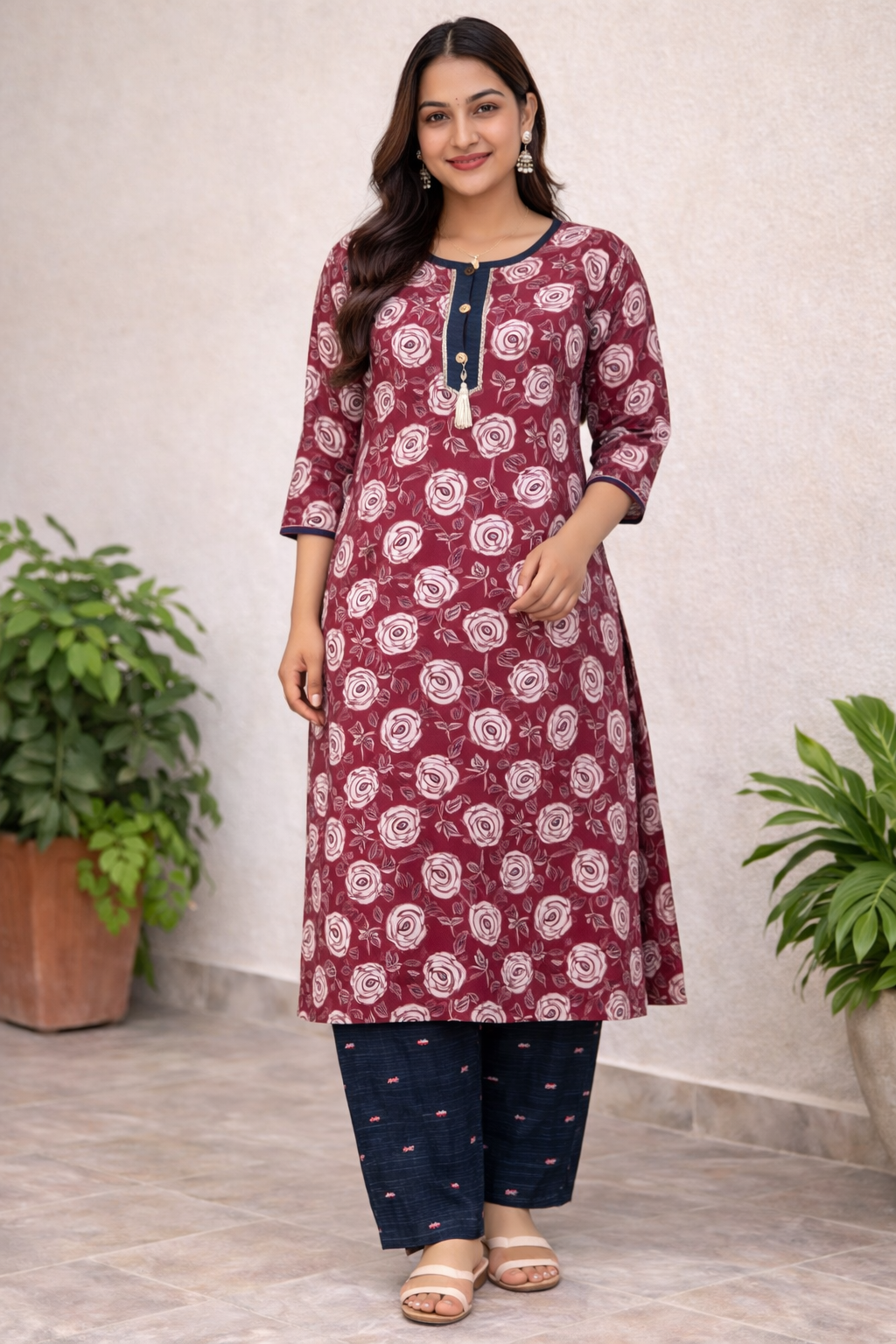 Maroon Rose Print Cotton Kurta Set 🌹 | Stylish Daily & Summer Wear for Women