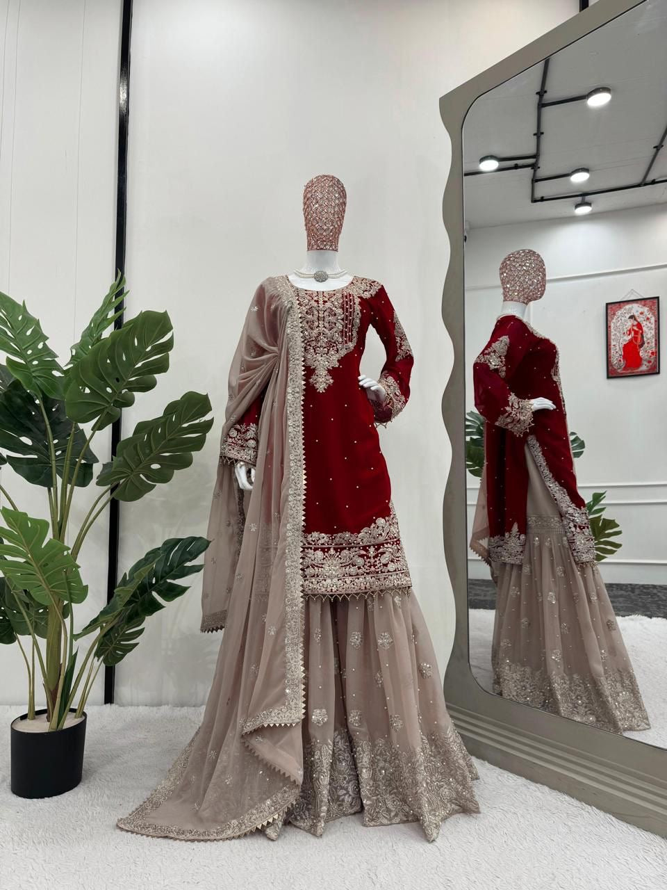 Red & Gold Embroidered Sharara Set with Dupatta