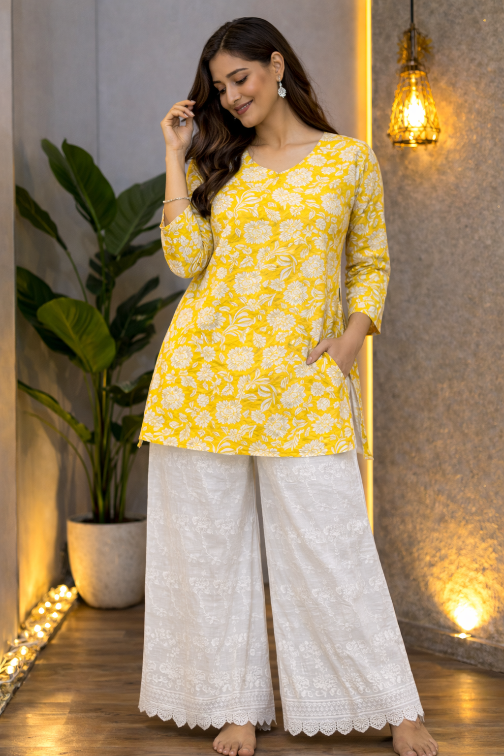 Yellow Floral Kurta with White Chikankari Palazzo Set 🌼 | Elegant Summer & Festive Wear for Women