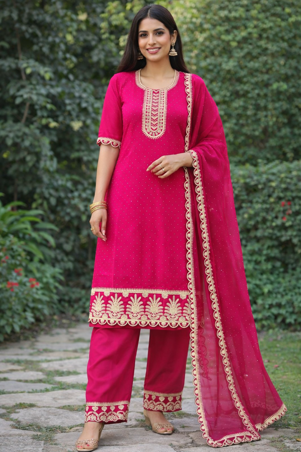 Pink Embroidered Kurta Palazzo Suit Set with Dupatta 🌸 | Elegant Festive Wear for Women