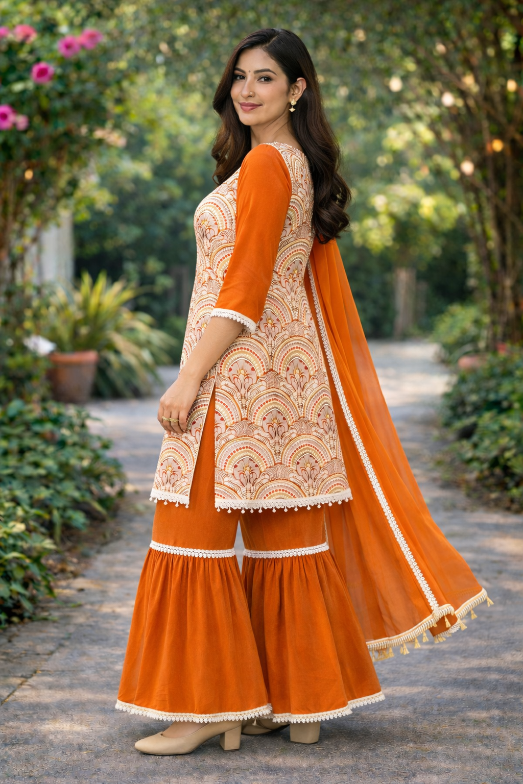 Orange Printed Kurta Sharara Set with Dupatta 🧁 | Festive & Mehendi Wear for Women