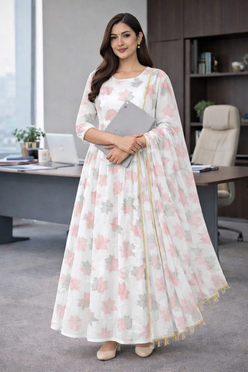 White Floral Anarkali Kurta Set with Dupatta 🫧 | Elegant Festive & Summer Wear for Women