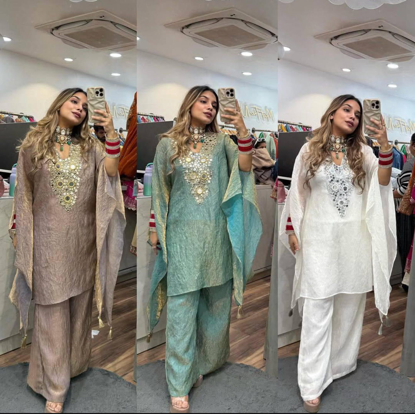 Shimmer Embellished Kaftan Kurta Set with Palazzo ✨ | Luxury Festive & Party Wear for Women