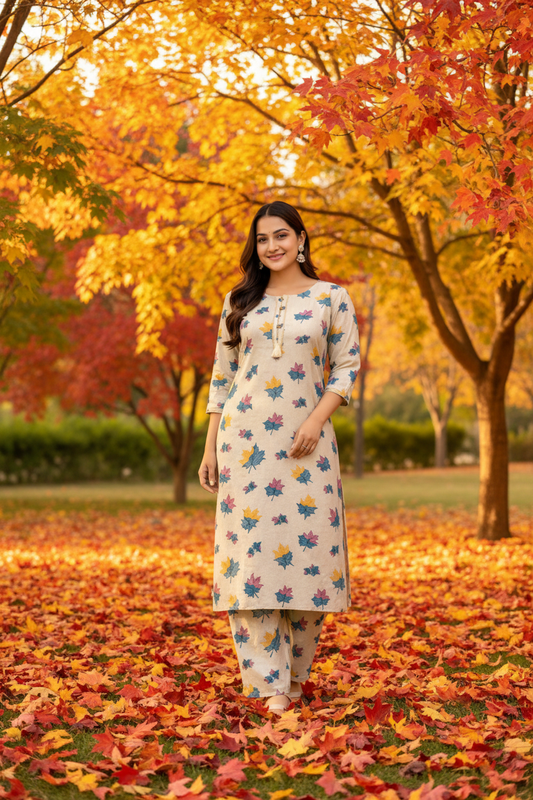 Cream maple leaf kurta set in autumn garden setting