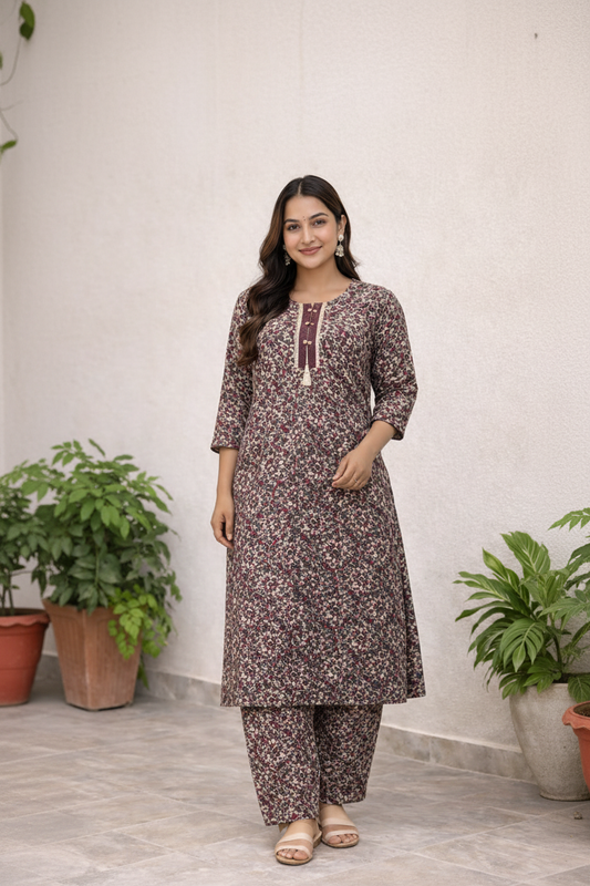 Brown floral kurta set in bright outdoor courtyard setting