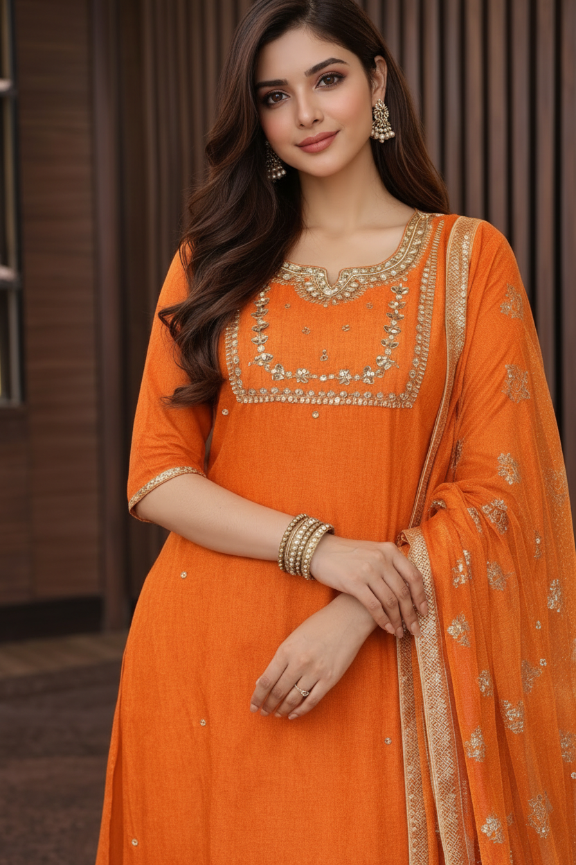 Orange Cotton Suit with Minimalist Mirror Work