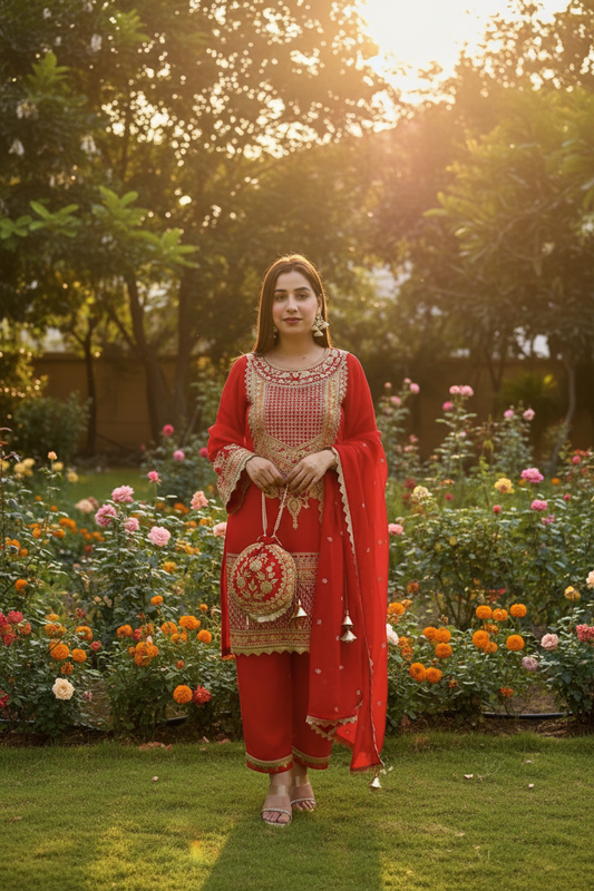 Crimson Royale Kurta Set – Garden Setting
