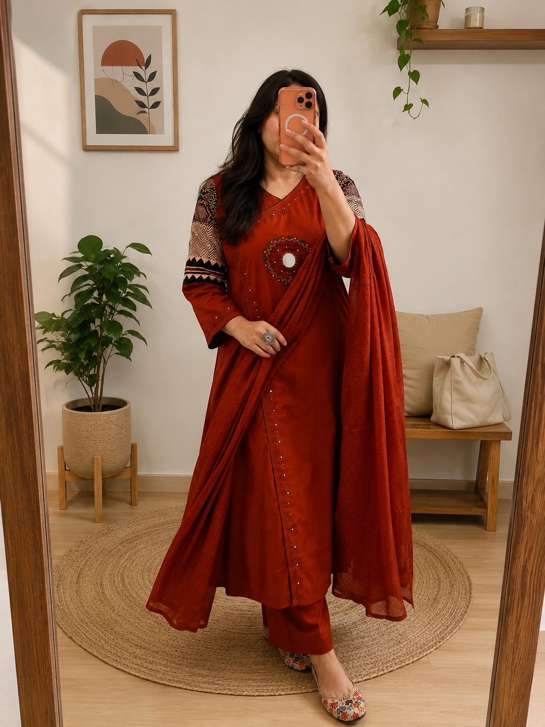 Rust Red Cotton Suit Set for Women | 3-Piece Kurta Set with Dupatta | Summer Sale – Flat 61% Off