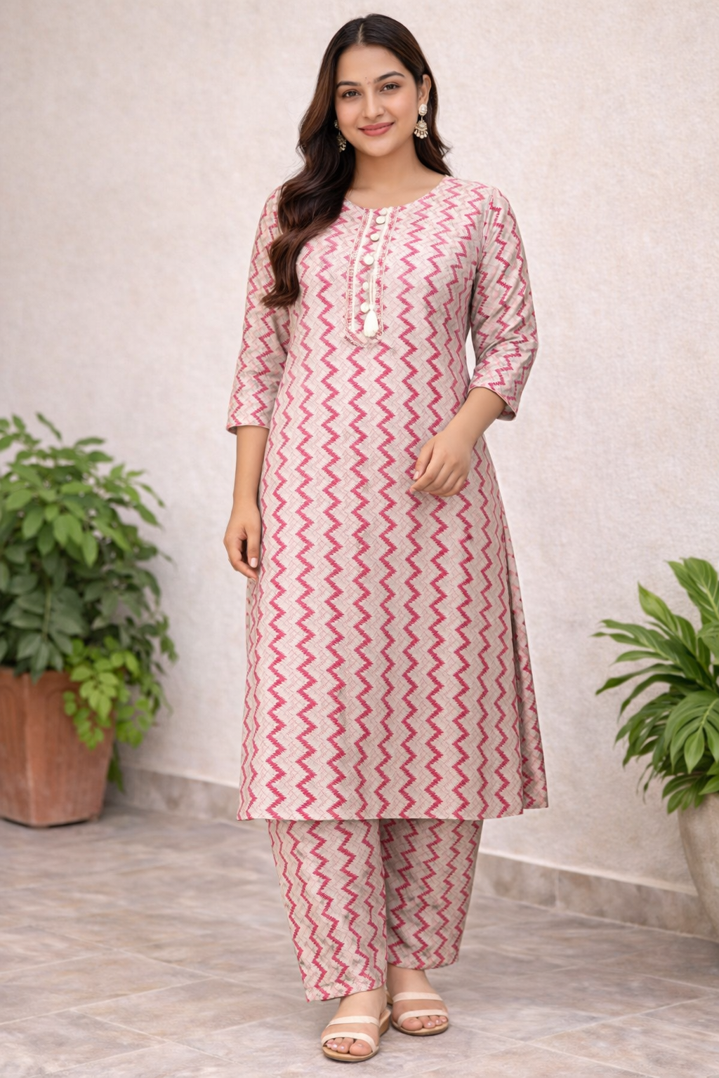 Pink Zigzag Print Cotton Kurta Set 💗 | Trendy Daily Wear & Summer Outfit for Women