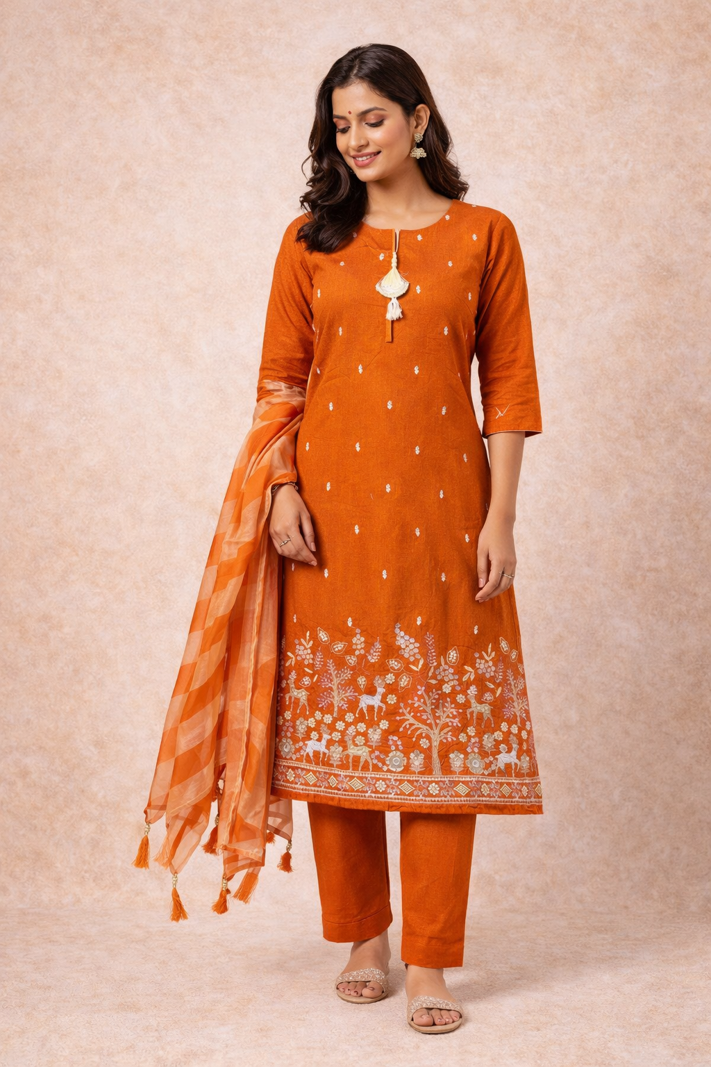 Orange Pichwai Handwork Cotton Kurta Set with Dupatta 🎨 | Artistic Ethnic Wear for Women