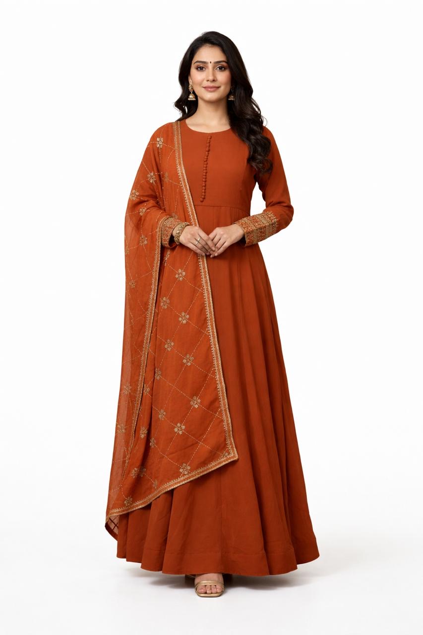 Rust Orange Georgette Anarkali Set with Embroidered Dupatta 🧁 | Elegant Wedding & Festive Wear