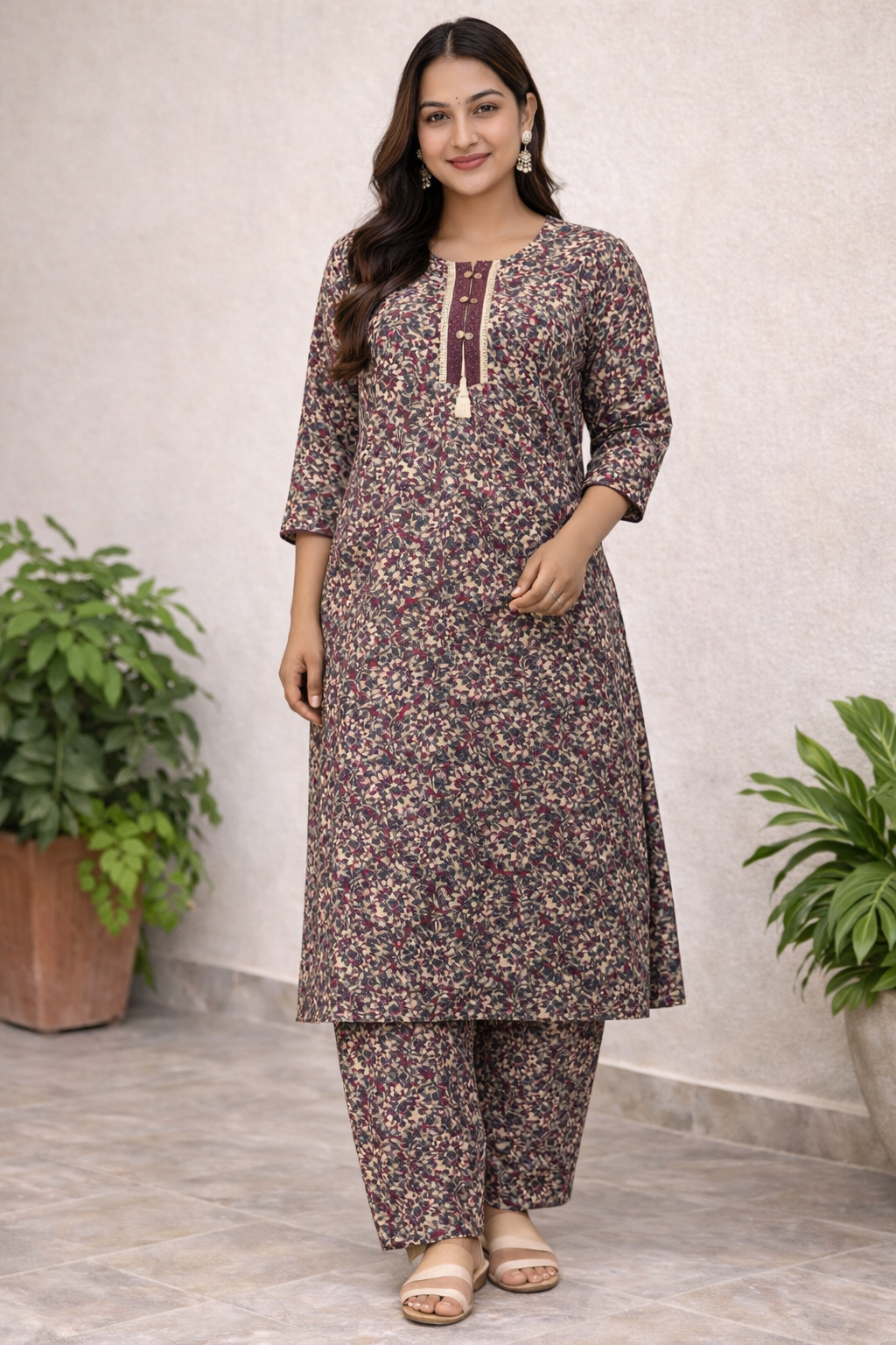 Brown Ditsy Floral Print Kurta Set 🌸 | Elegant Daily & Festive Wear for Women
