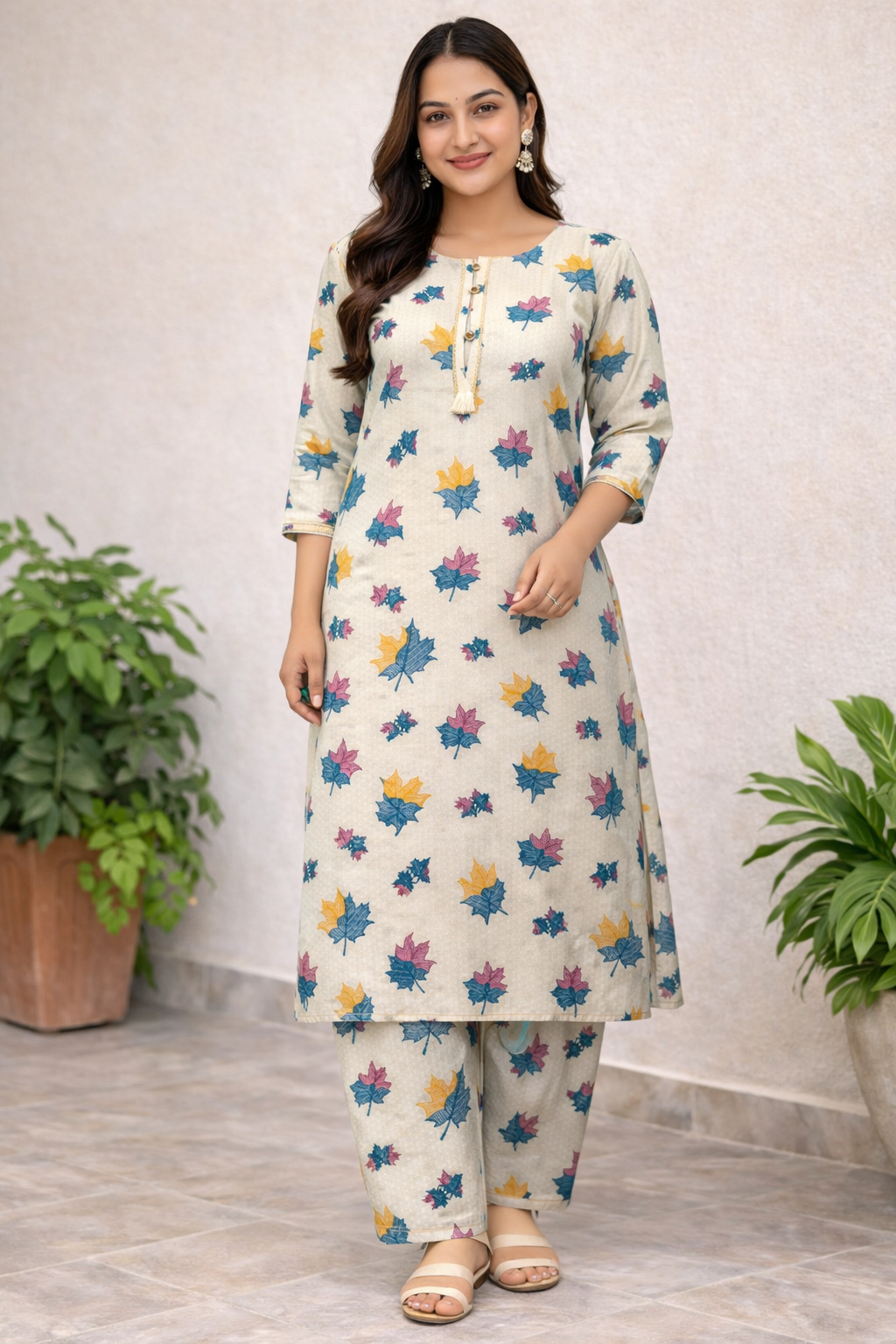 Cream Maple Leaf Print Cotton Kurta Set 🍁 | Elegant Summer Ethnic Wear for Women