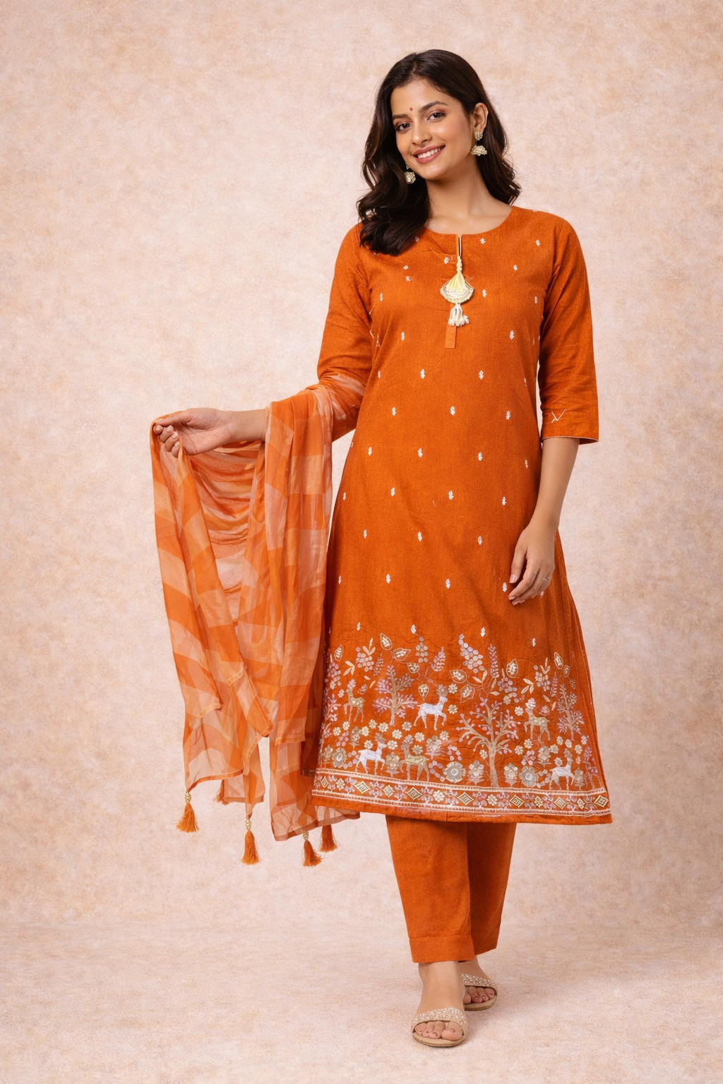 Orange Pichwai Handwork Cotton Kurta Set with Dupatta 🎨 | Artistic Ethnic Wear for Women