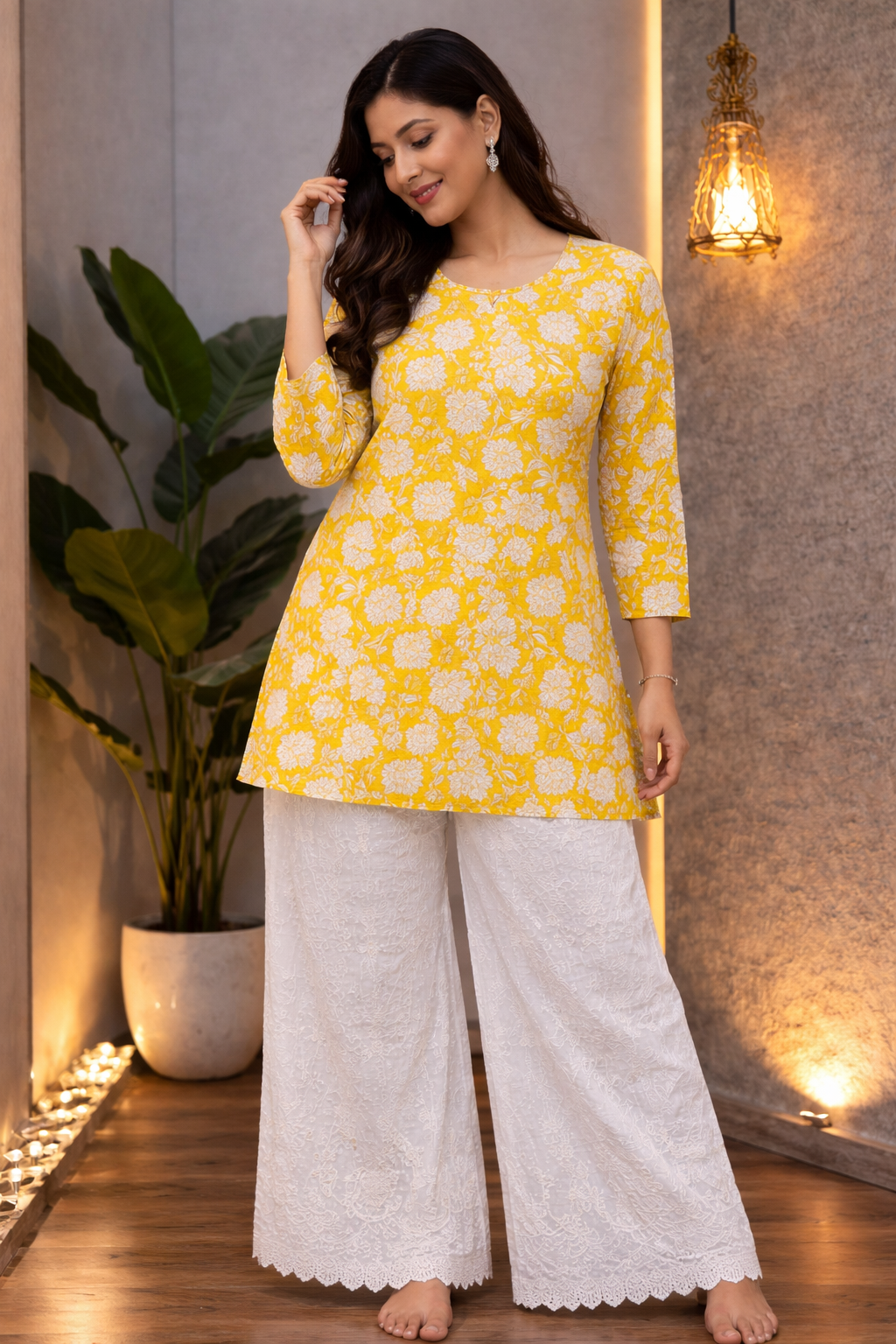 Yellow Floral Kurta with White Chikankari Palazzo Set 🌼 | Elegant Summer & Festive Wear for Women
