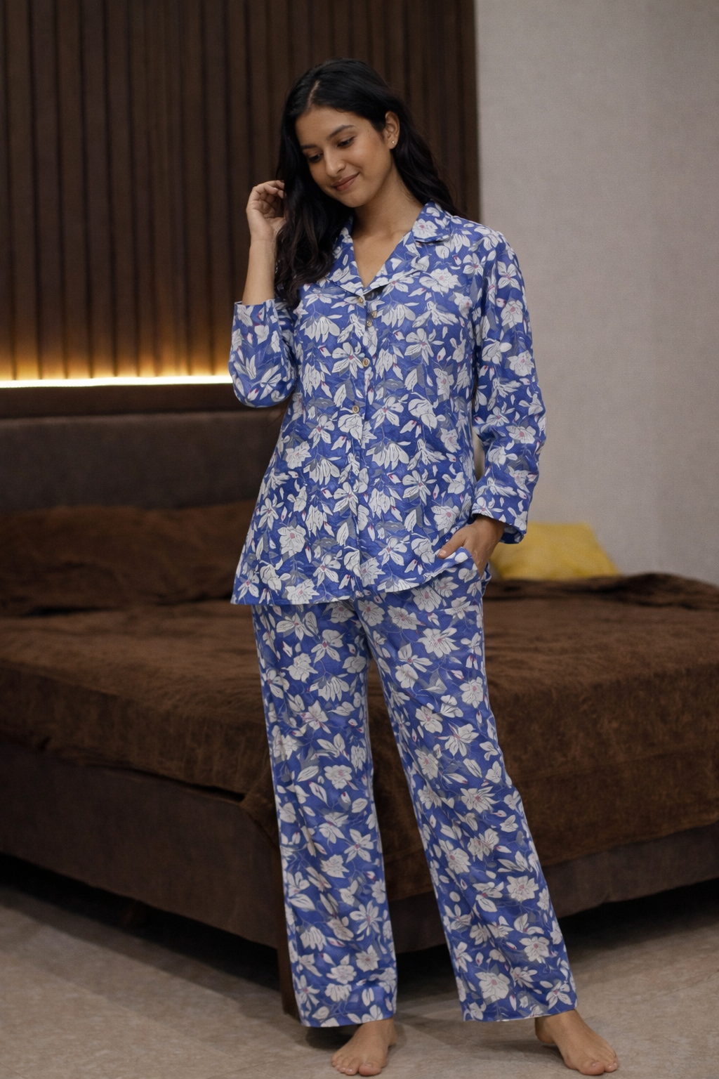 Blue Floral Cotton Night Suit Set 🌙 | Soft Breathable Sleepwear for Women
