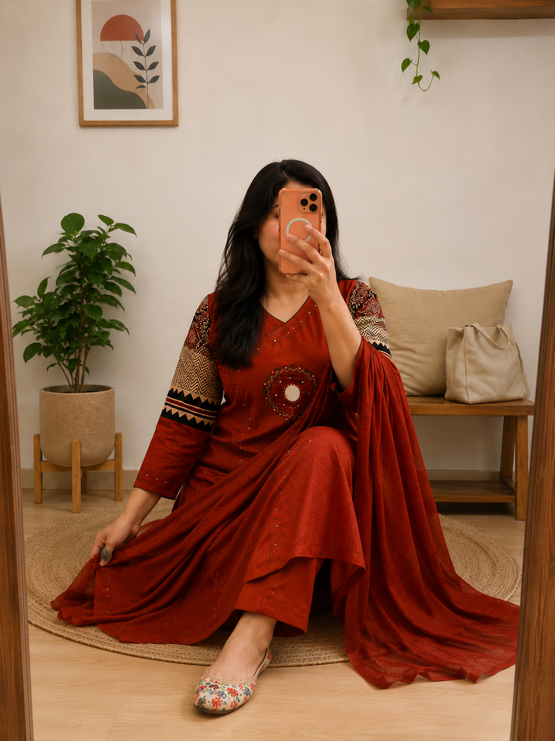Rust Red Cotton Suit Set for Women | 3-Piece Kurta Set with Dupatta | Summer Sale – Flat 61% Off