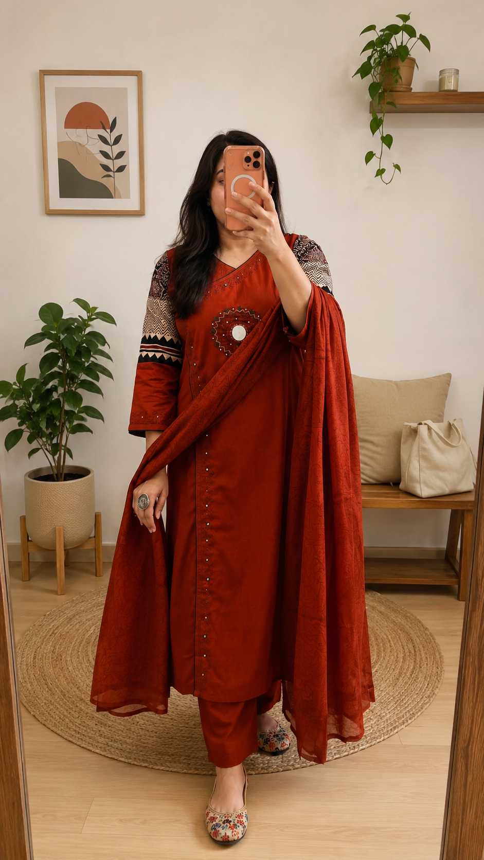 Rust Red Cotton Suit Set for Women | 3-Piece Kurta Set with Dupatta | Summer Sale – Flat 61% Off