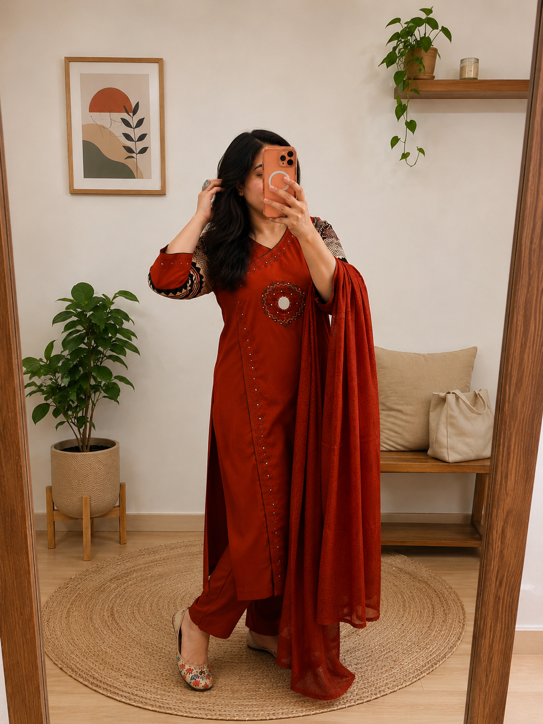 Rust Red Cotton Suit Set for Women | 3-Piece Kurta Set with Dupatta | Summer Sale – Flat 61% Off