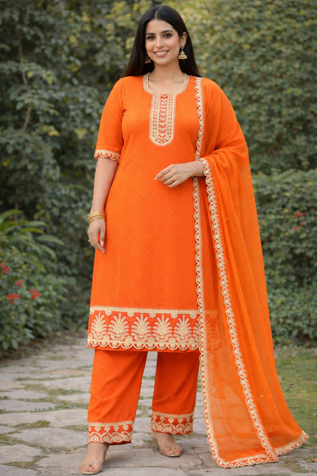 Orange Embroidered Kurta Palazzo Suit Set with Dupatta 🧁 | Festive & Wedding Wear for Women
