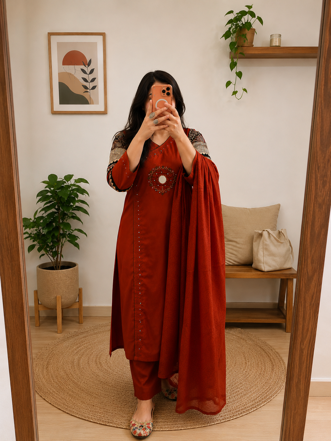 Rust Red Cotton Suit Set for Women | 3-Piece Kurta Set with Dupatta | Summer Sale – Flat 61% Off
