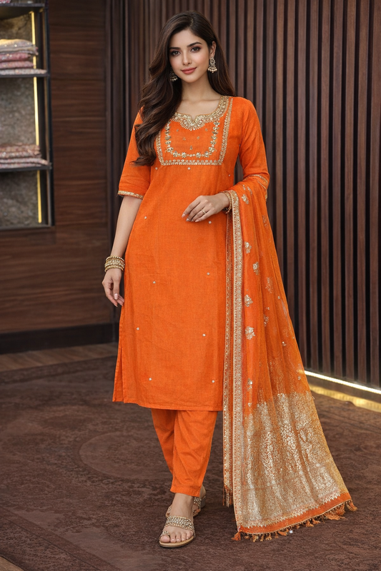 Orange Cotton Suit with Minimalist Mirror Work