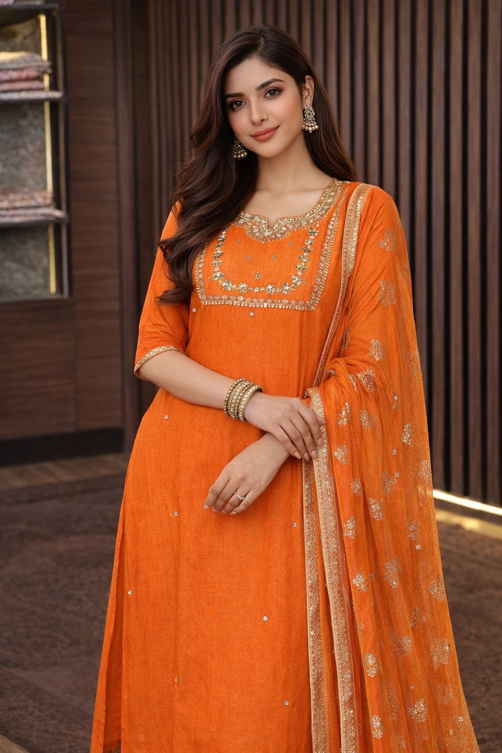 Orange Cotton Suit with Minimalist Mirror Work