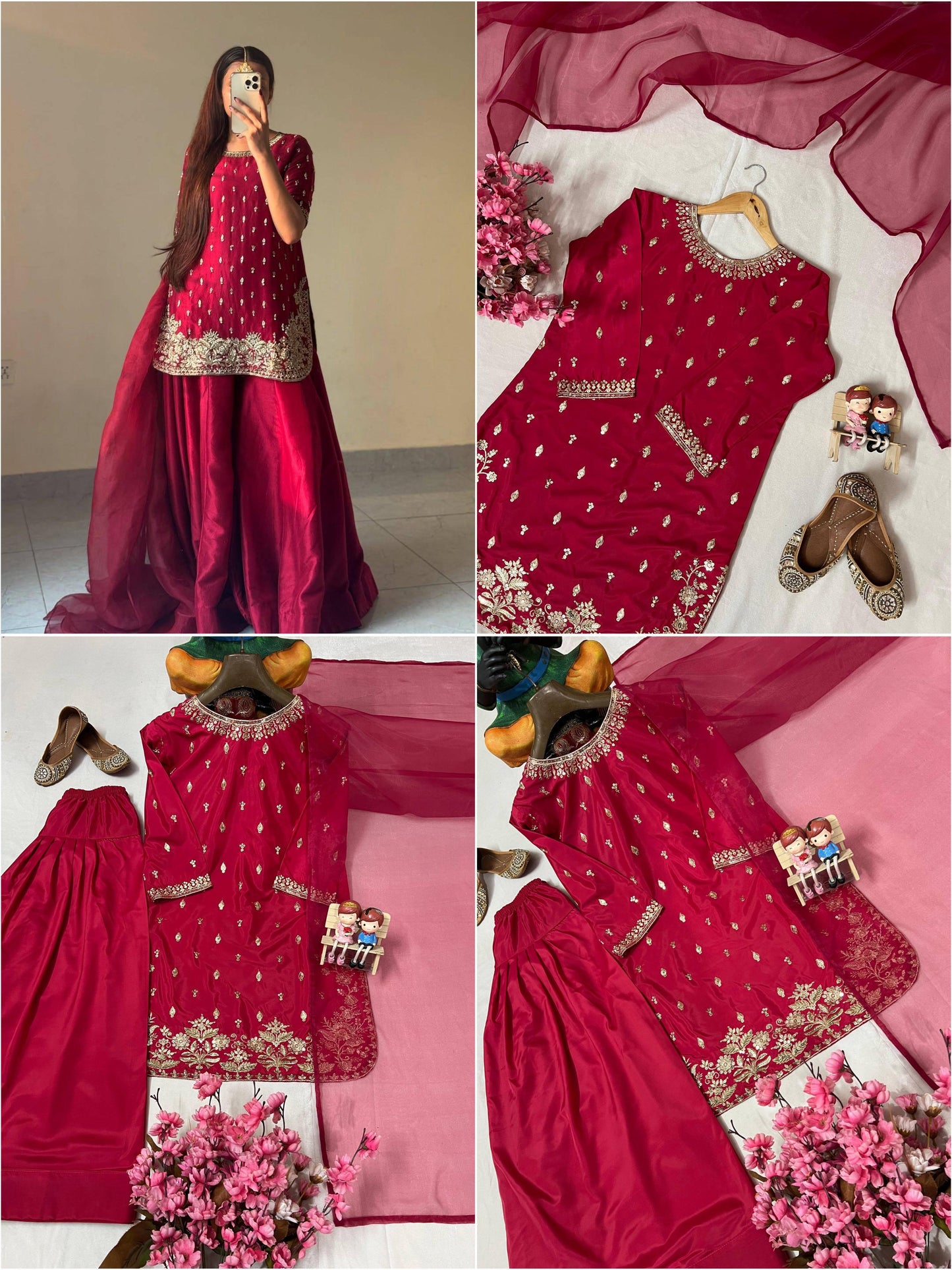 Red Embroidered Chiffon Sharara Kurta Set with Dupatta ❤️ | Wedding & Festive Wear for Women