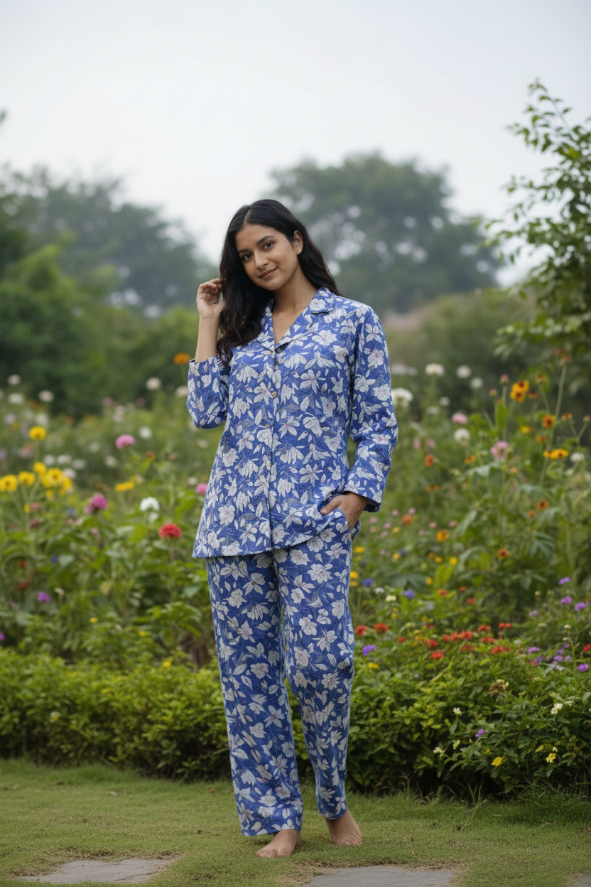 Blue floral night suit in outdoor garden setting