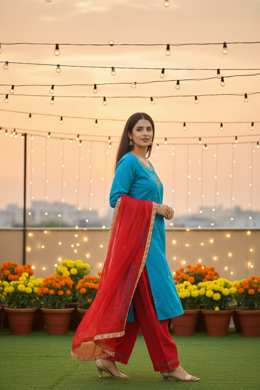 Teal Handwork Suit – Rooftop Sunset Editorial