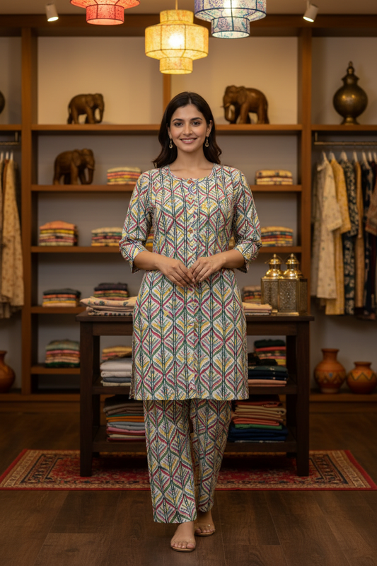 Multicolor geometric print kurta set in ethnic boutique interior setting