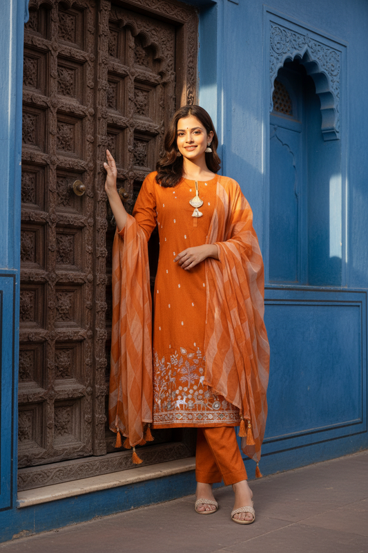 Orange Kurta Set - Jodhpur Haveli Setting
