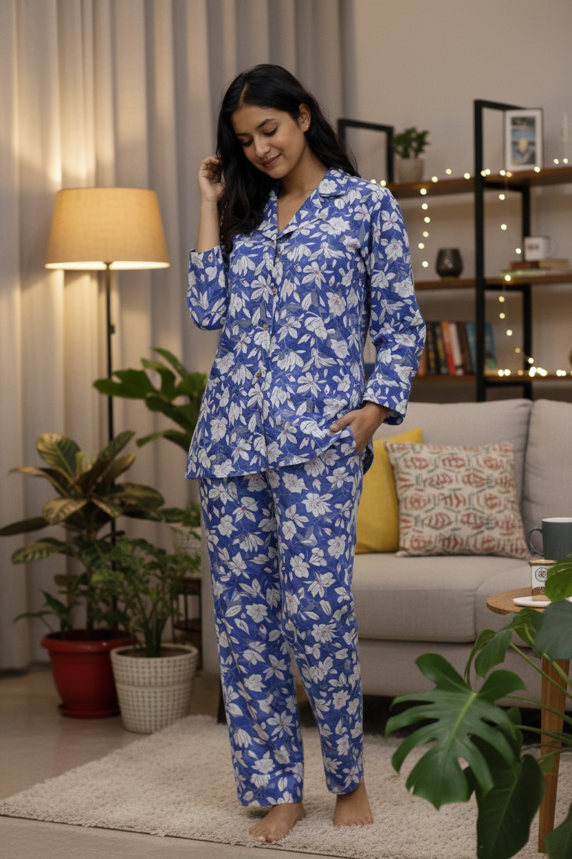 Blue floral night suit in cozy living room setting