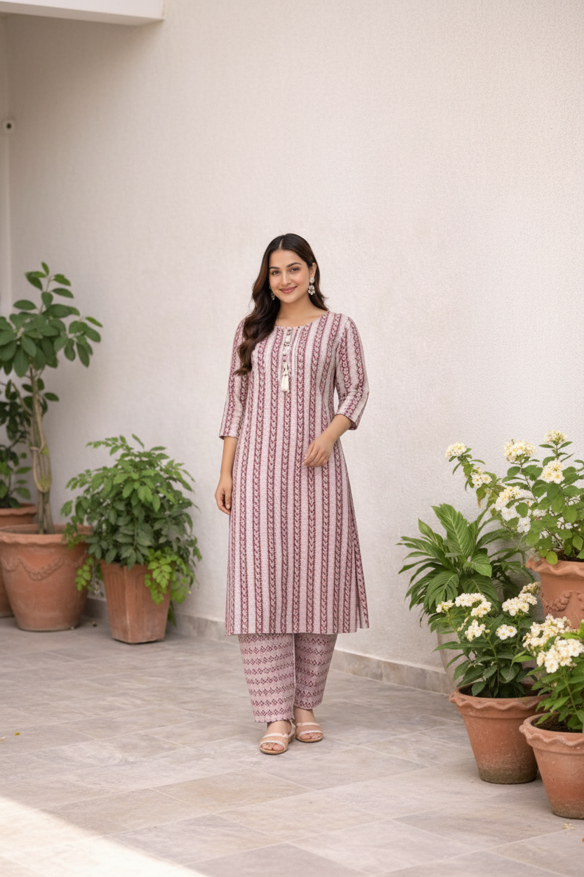 Mauve stripe floral kurta set in outdoor courtyard