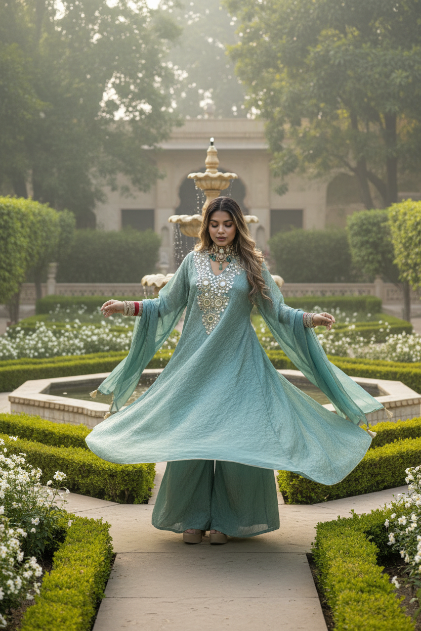Teal Shimmer Kaftan Kurta Set - Mughal Garden
