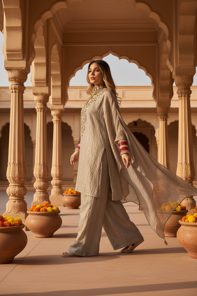 Beige Shimmer Kaftan Kurta Set - Haveli Courtyard