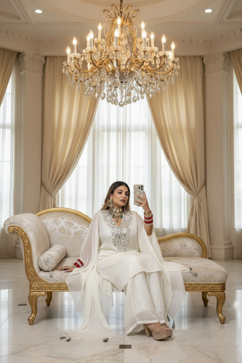 White Shimmer Kaftan Kurta Set - Palace Interior