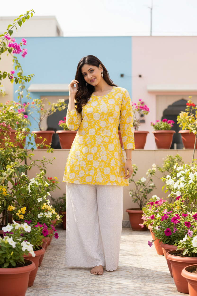 Yellow floral kurta with white chikankari palazzo in outdoor terrace setting
