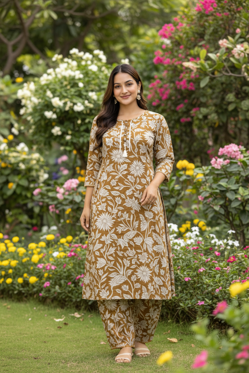 Mustard floral anarkali kurta set in outdoor garden setting