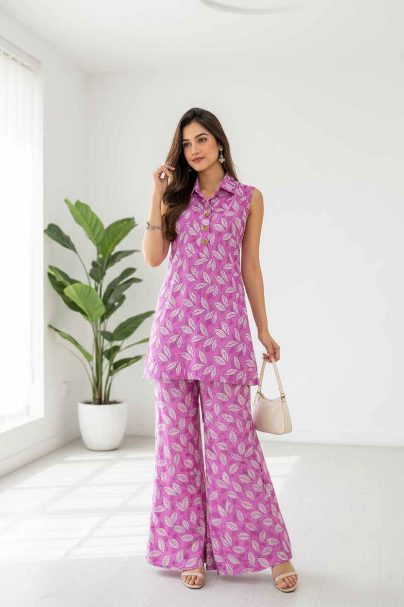 Pink leaf print co-ord set in white studio background