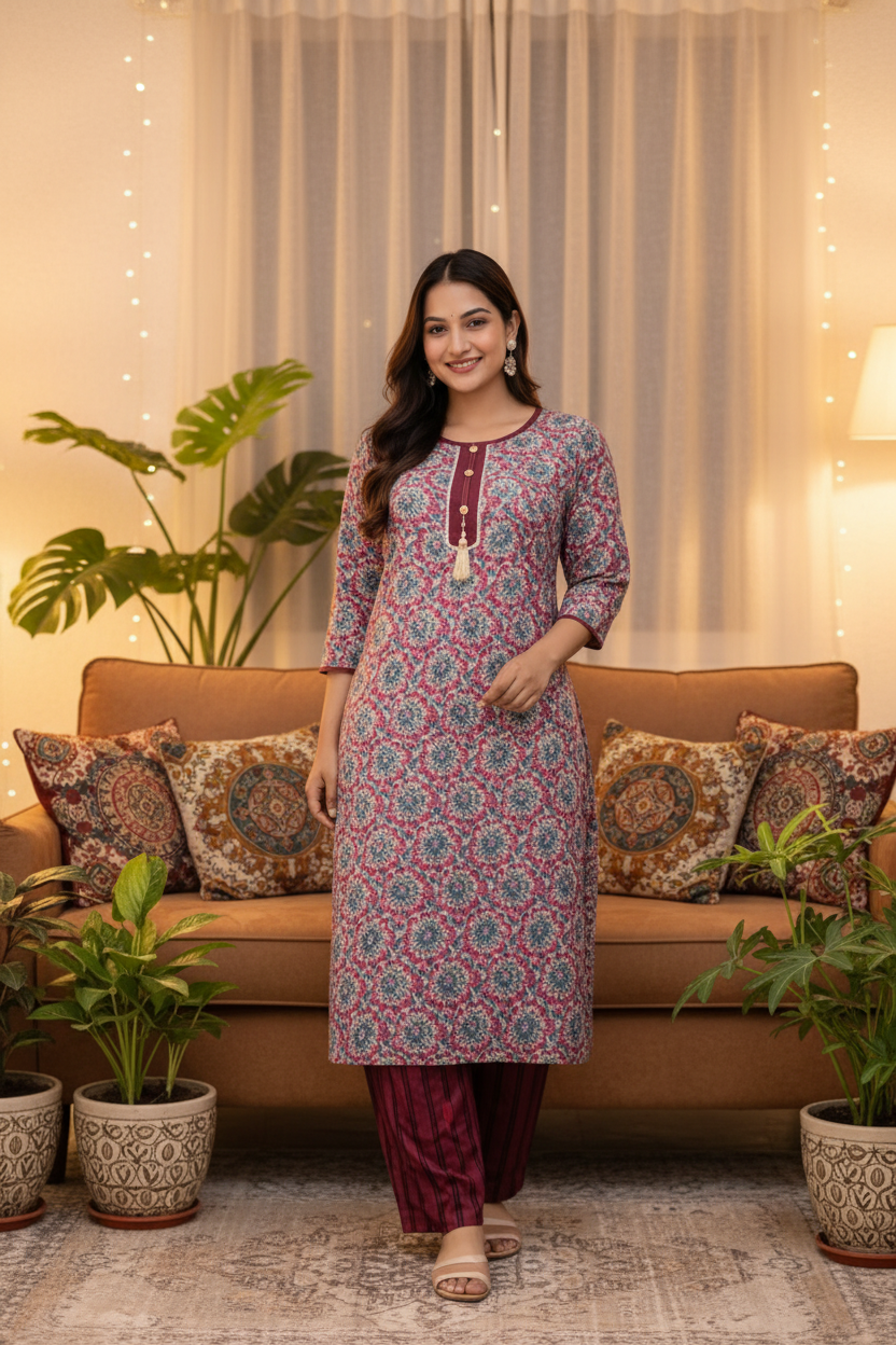 Pink medallion kurta set in cozy indoor living room
