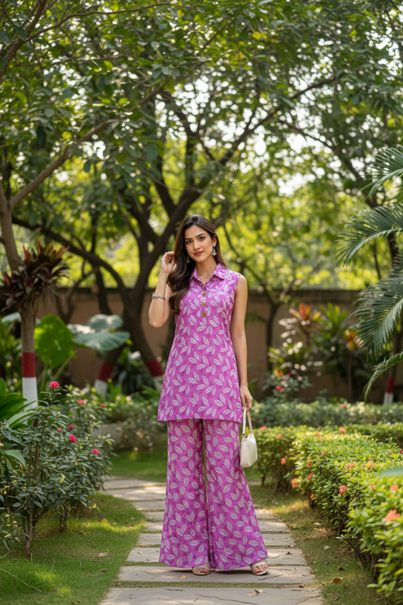 Pink leaf print co-ord set in outdoor garden background