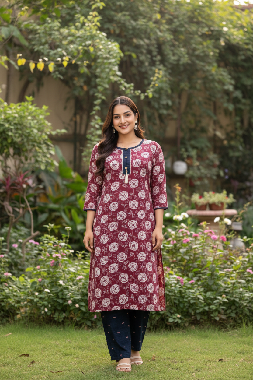 Maroon rose kurta set in outdoor garden setting