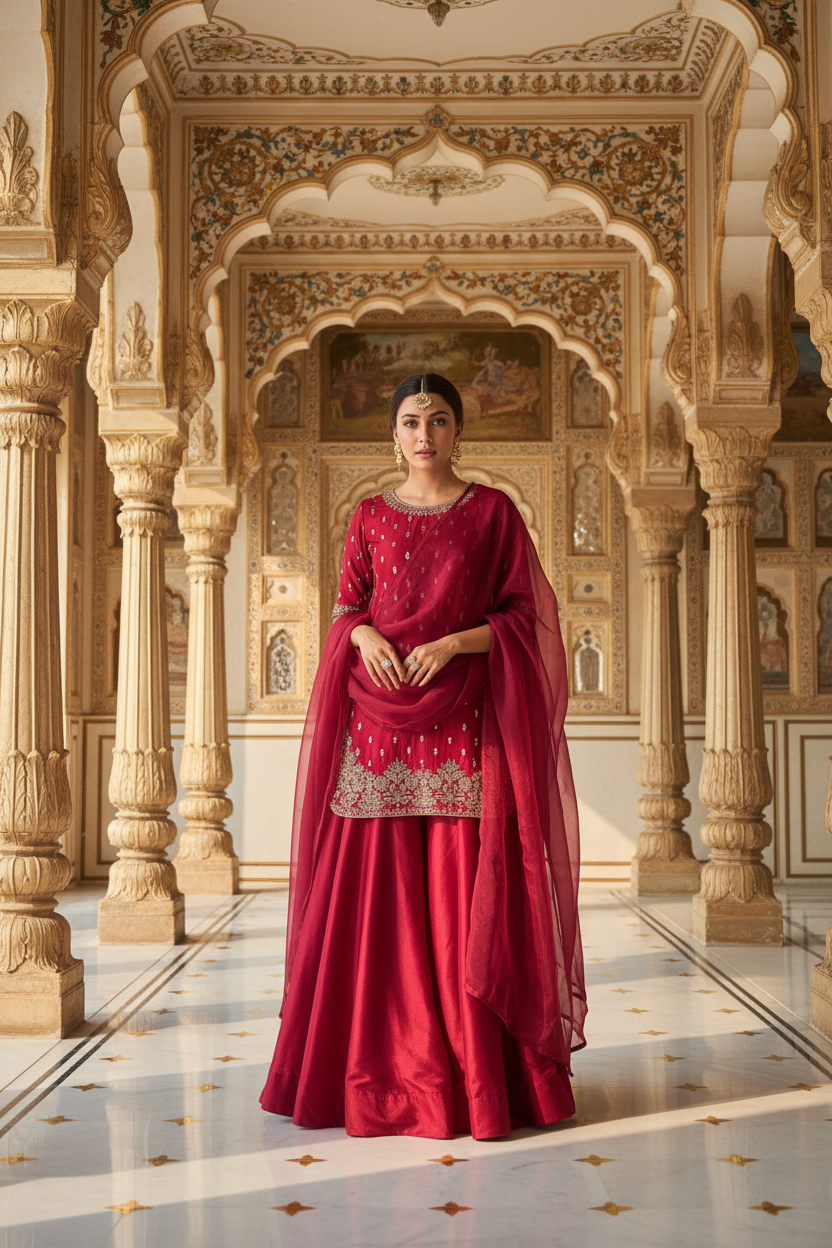 Red embroidered sharara set – palace interior background