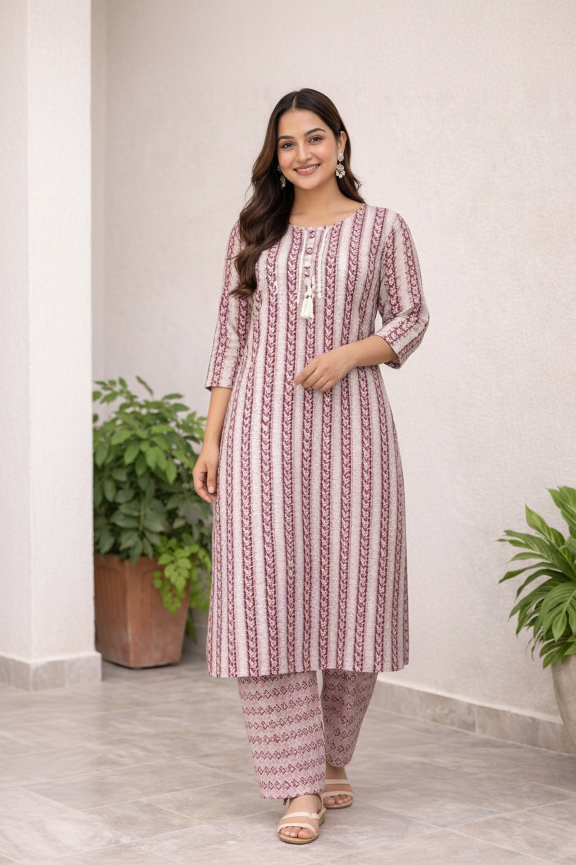 Mauve stripe floral kurta set in bright white studio