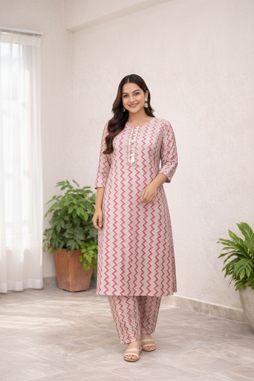 Pink zigzag kurta set in white studio background