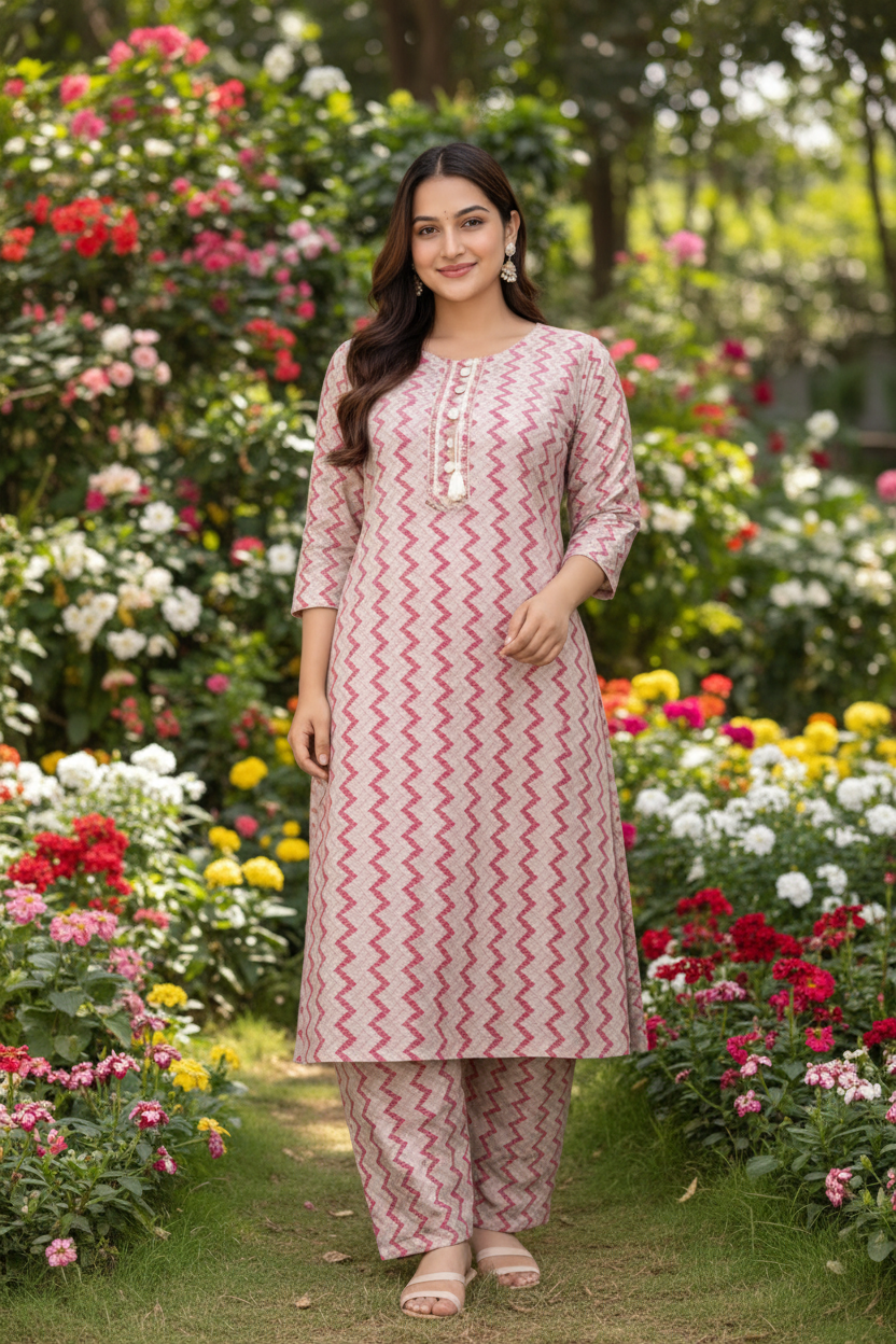 Pink zigzag kurta set in outdoor garden background