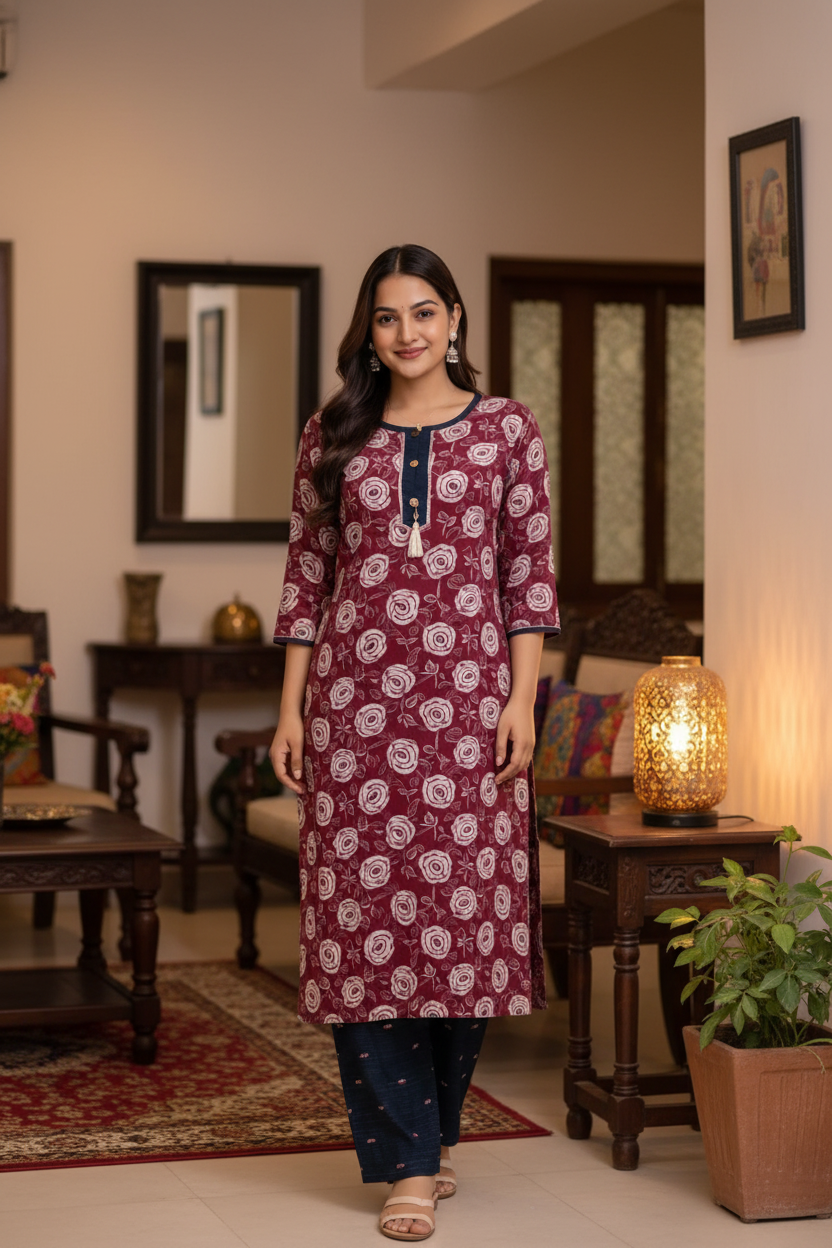 Maroon rose kurta set in ethnic home interior
