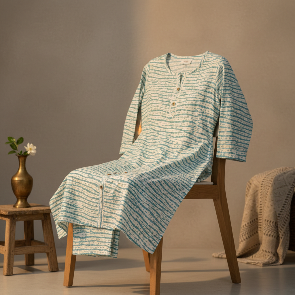 Teal Stripe Cotton Kurta Set in elegant setting